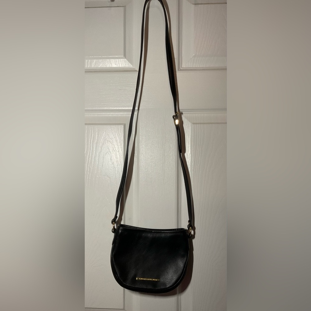 Lauren Ralph Lauren Black Leather Minimalist Crossbody Bag Gold Embossment